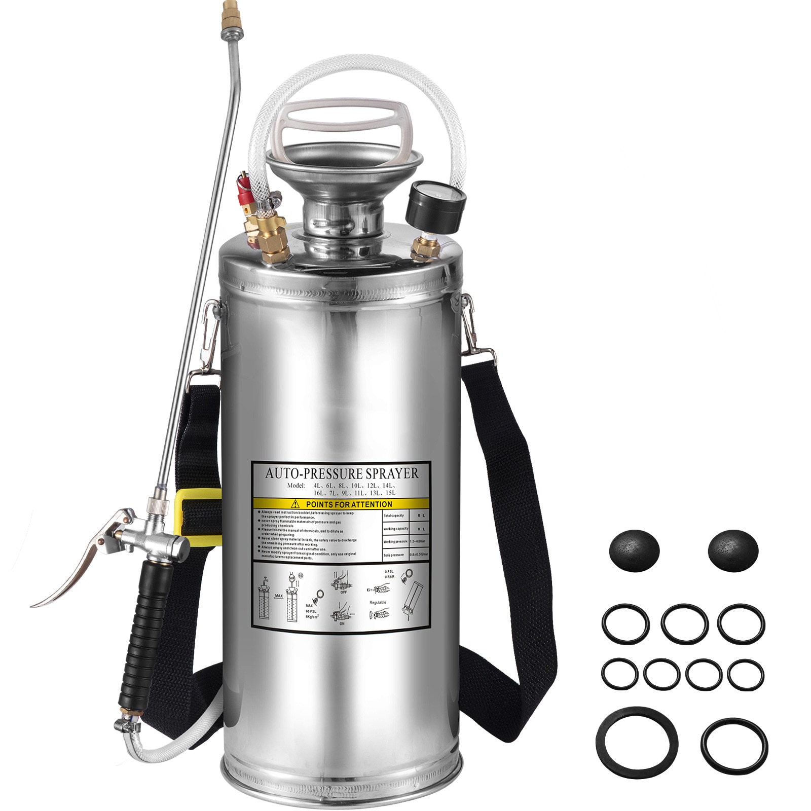 2Gal Stainless Steel Sprayer, Set with 20" Wand& Handle& 3FT Reinforced Hose, Hand Pump Sprayer with Pressure Gauge&Safety Valve, Adjustable Nozzle Suitable for Gardening and Sanitizing